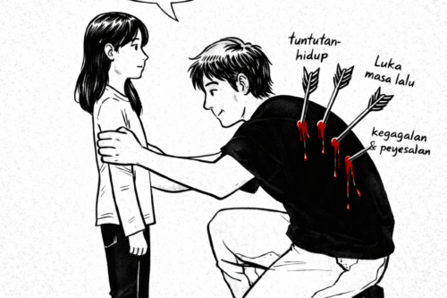 seorang ayah berlutut meminta maaf kepada anaknya