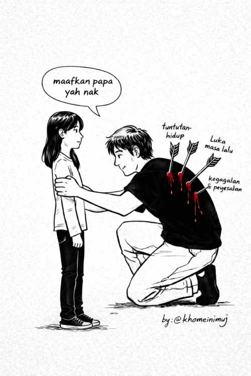 seorang ayah berlutut meminta maaf kepada anaknya